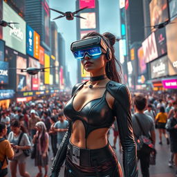A vibrant scene set in a crowded futuristic city square teeming with people, showcasing a diverse mix of individuals engaged in various activities