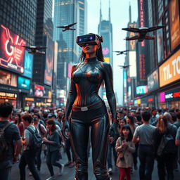 A vibrant scene set in a crowded futuristic city square teeming with people, showcasing a diverse mix of individuals engaged in various activities