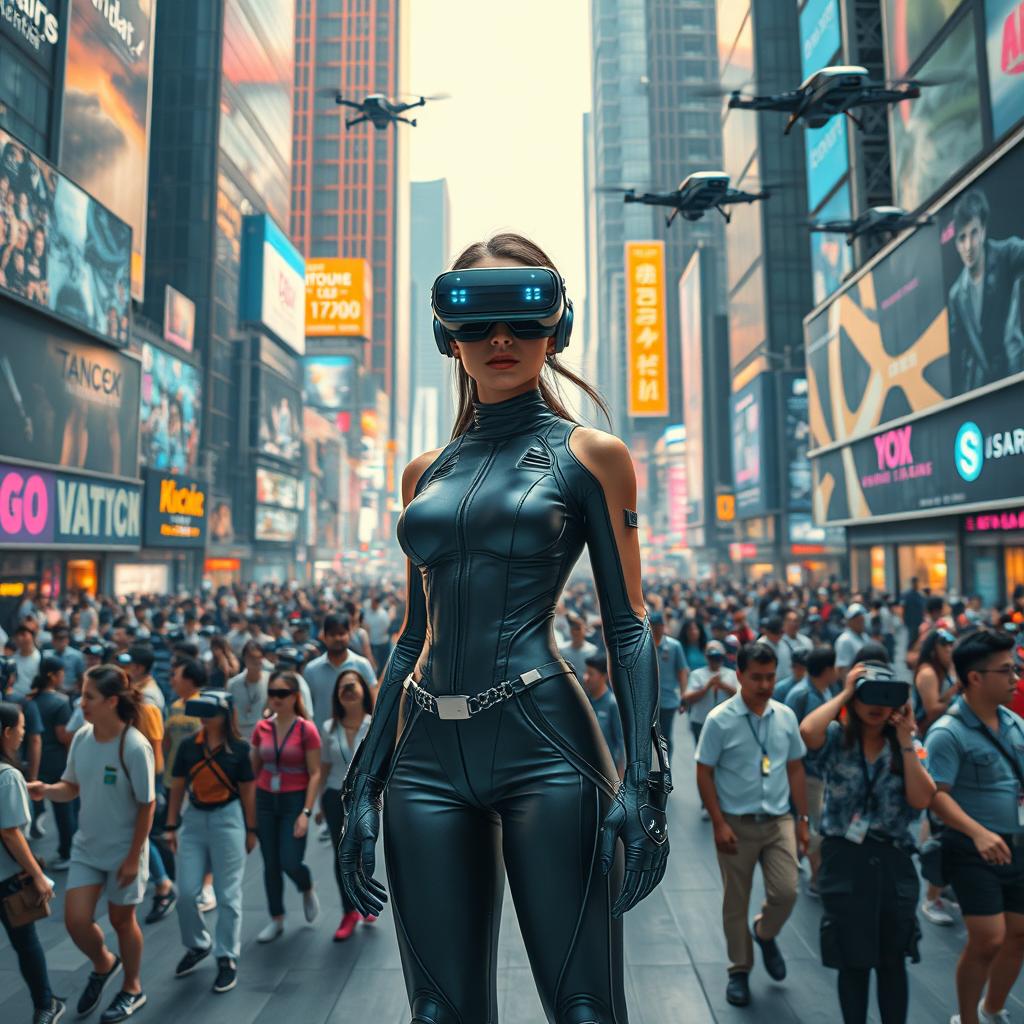 A vibrant scene set in a crowded futuristic city square teeming with people, showcasing a diverse mix of individuals engaged in various activities