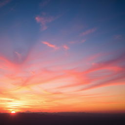 A breathtaking sunset sky scene featuring vibrant hues of orange, pink, purple, and blue as the sun sets on the horizon