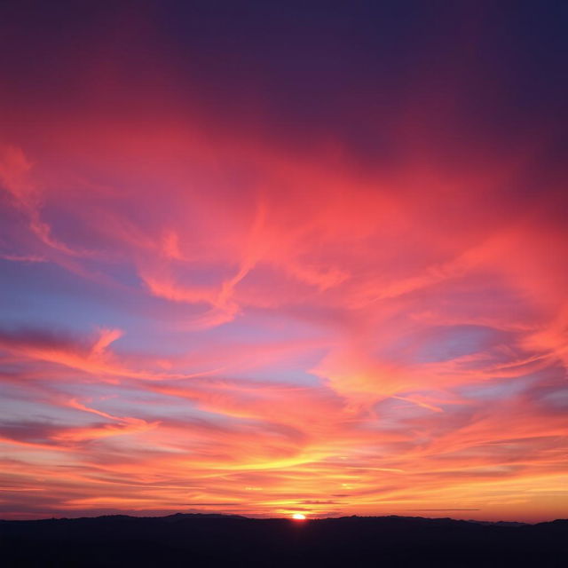 A breathtaking sunset sky scene featuring vibrant hues of orange, pink, purple, and blue as the sun sets on the horizon