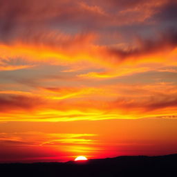 A breathtaking sunset sky scene featuring vibrant hues of orange, pink, purple, and blue as the sun sets on the horizon