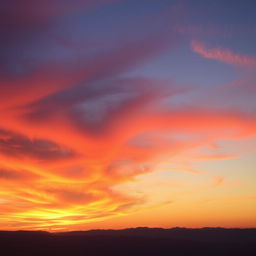 A breathtaking sunset sky scene featuring vibrant hues of orange, pink, purple, and blue as the sun sets on the horizon
