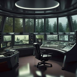 A futuristic penitentiary control room within a glass penthouse office; featuring an array of audio equipment, a mic situated to face a chair, and scenic forest views through the glass. It draws design elements from the provided link.