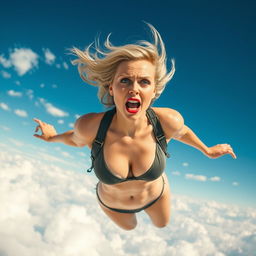 A sexy blonde woman in a tiny swimsuit, with striking blue eyes and bold red lips, is dramatically falling from the sky