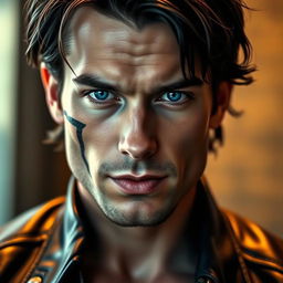 A sexy man with an alluring presence, featuring a deep scar that starts from his left cheek and ends at his bottom lip