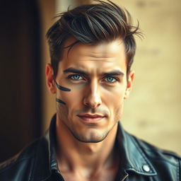 A sexy man with an alluring presence, featuring a deep scar that starts from his left cheek and ends at his bottom lip
