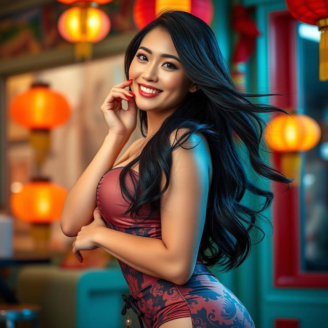 A beautiful, curvy Chinese woman with large, round breasts, posing playfully and confidently