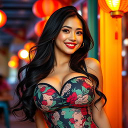 A beautiful, curvy Chinese woman with large, round breasts, posing playfully and confidently