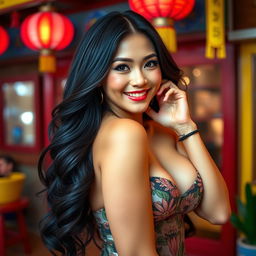 A beautiful, curvy Chinese woman with large, round breasts, posing playfully and confidently