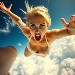 A sexy blonde woman with striking blue eyes and vibrant red lips, wearing a tiny, revealing swimsuit, is dramatically falling from the sky