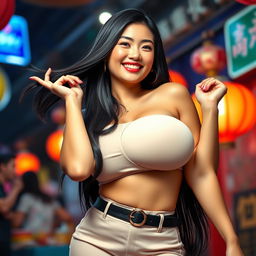 A beautiful and curvy Chinese woman with large, round breasts, striking a playful and flirty pose