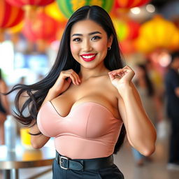 A beautiful and curvy Chinese woman with large, round breasts, striking a playful and flirty pose