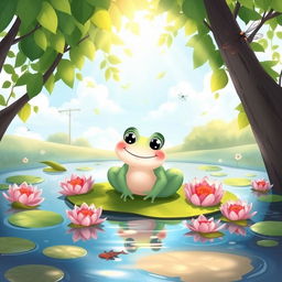 A whimsical illustration of a frog sitting comfortably on a lily pad in a serene pond, surrounded by vibrant green leaves and delicate pink water lilies