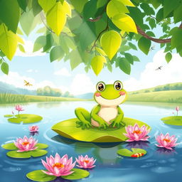 A whimsical illustration of a frog sitting comfortably on a lily pad in a serene pond, surrounded by vibrant green leaves and delicate pink water lilies