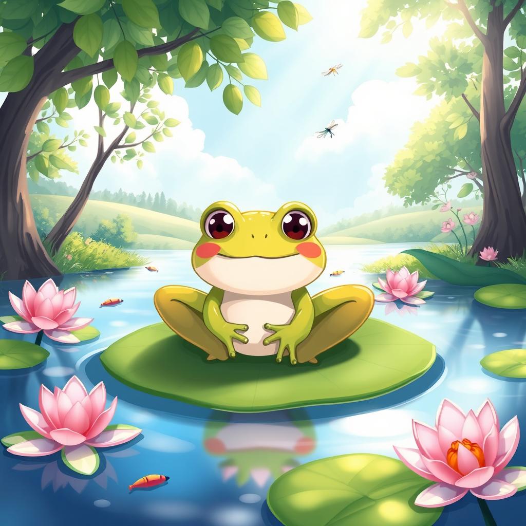 A whimsical illustration of a frog sitting comfortably on a lily pad in a serene pond, surrounded by vibrant green leaves and delicate pink water lilies