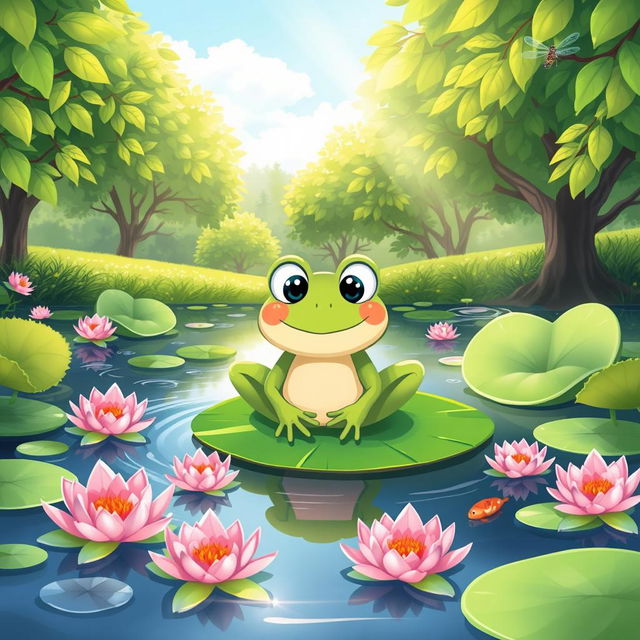 A whimsical illustration of a frog sitting comfortably on a lily pad in a serene pond, surrounded by vibrant green leaves and delicate pink water lilies