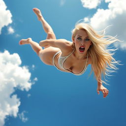 A sexy blonde woman with striking blue eyes and vivid red lips, falling gracefully from the sky