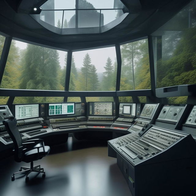 A futuristic penitentiary control room within a glass penthouse office; featuring an array of audio equipment, a mic situated to face a chair, and scenic forest views through the glass. It draws design elements from the provided link.