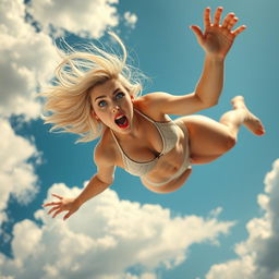A sexy blonde woman with stunning blue eyes and bright red lips, wearing a tiny bikini, is dramatically falling from the sky