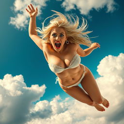 A sexy blonde woman with stunning blue eyes and bright red lips, wearing a tiny bikini, is dramatically falling from the sky