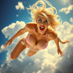 A sexy blonde woman with stunning blue eyes and bright red lips, wearing a tiny bikini, is dramatically falling from the sky