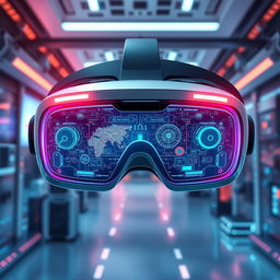 A detailed and artistic depiction of futuristic VR glasses from a front view
