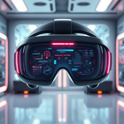 A detailed and artistic depiction of futuristic VR glasses from a front view