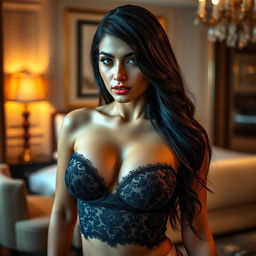 A sexy Indian escort wearing a black lace bra, showcasing beauty and allure