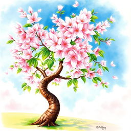 A stunning watercolor painting of a cherry blossom tree in full bloom, featuring soft pink flowers with delicate white highlights against a serene background