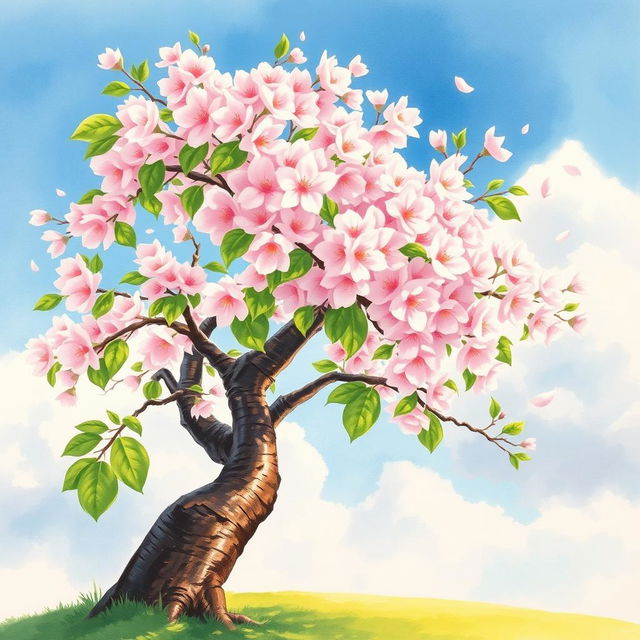 A stunning watercolor painting of a cherry blossom tree in full bloom, featuring soft pink flowers with delicate white highlights against a serene background