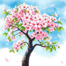 A stunning watercolor painting of a cherry blossom tree in full bloom, featuring soft pink flowers with delicate white highlights against a serene background