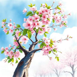 A stunning watercolor painting of a cherry blossom tree in full bloom, featuring soft pink flowers with delicate white highlights against a serene background
