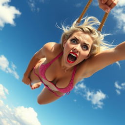 A sexy blonde woman in a tiny bikini, featuring striking blue eyes and bold red lips, is depicted falling from the sky
