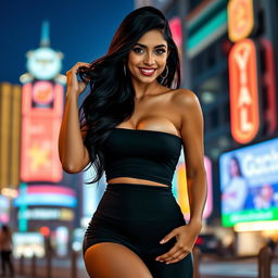 A sexy Indian girl confidently posing in tight black clothing that accentuates her curves