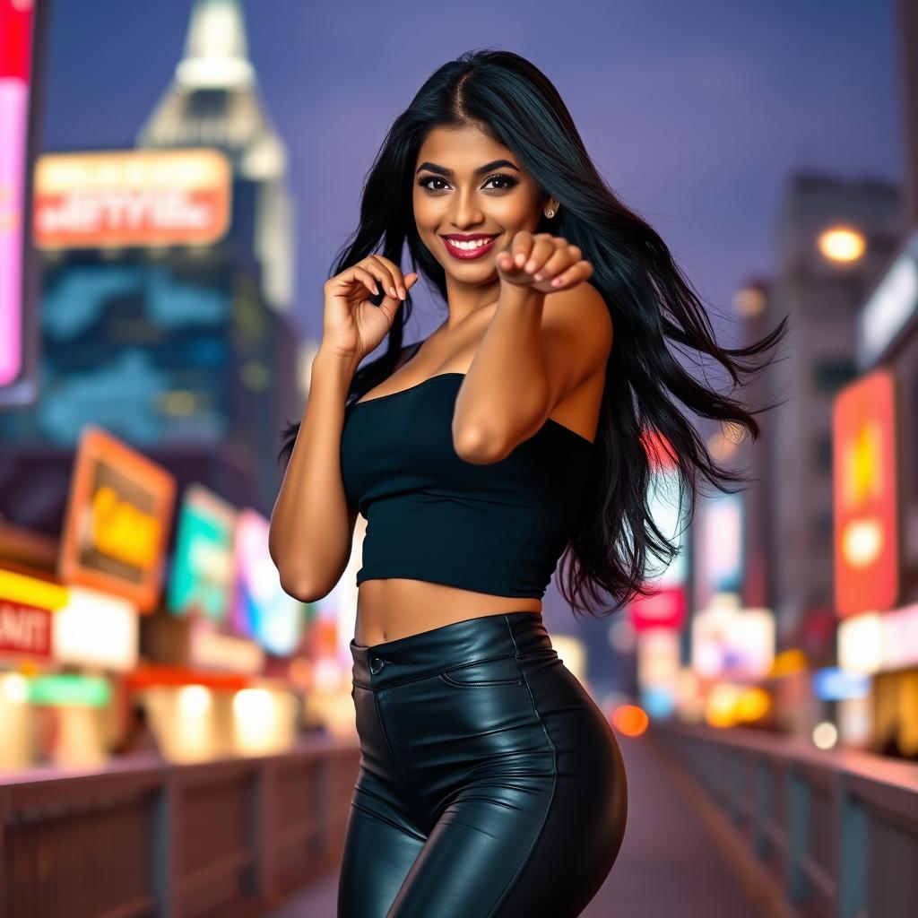 A sexy Indian girl confidently posing in tight black clothing that accentuates her curves