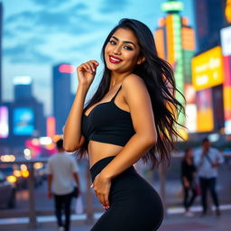A sexy Indian girl confidently posing in tight black clothing that accentuates her curves