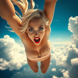 A sexy blonde woman with striking blue eyes and vibrant red lips, wearing a tiny bikini, falling gracefully from the sky