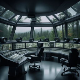 A futuristic penitentiary control room within a glass penthouse office; featuring an array of audio equipment, a mic situated to face a chair, and scenic forest views through the glass. It draws design elements from the provided link.