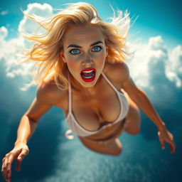 A sexy blonde woman wearing a tiny bikini with vibrant blue eyes and striking red lips is falling from the sky