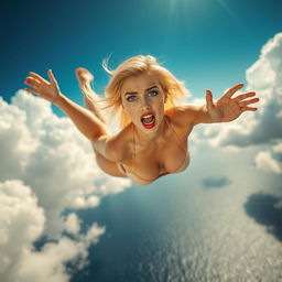 A sexy blonde woman wearing a tiny bikini with vibrant blue eyes and striking red lips is falling from the sky