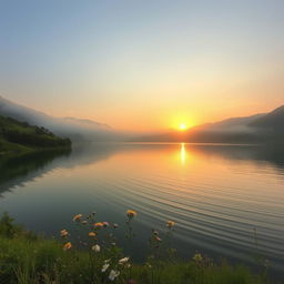 Aesthetic photo of a serene landscape featuring a tranquil lake surrounded by lush greenery and soft, rolling hills