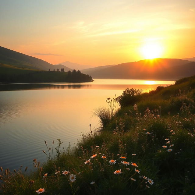 Aesthetic photo of a serene landscape featuring a tranquil lake surrounded by lush greenery and soft, rolling hills