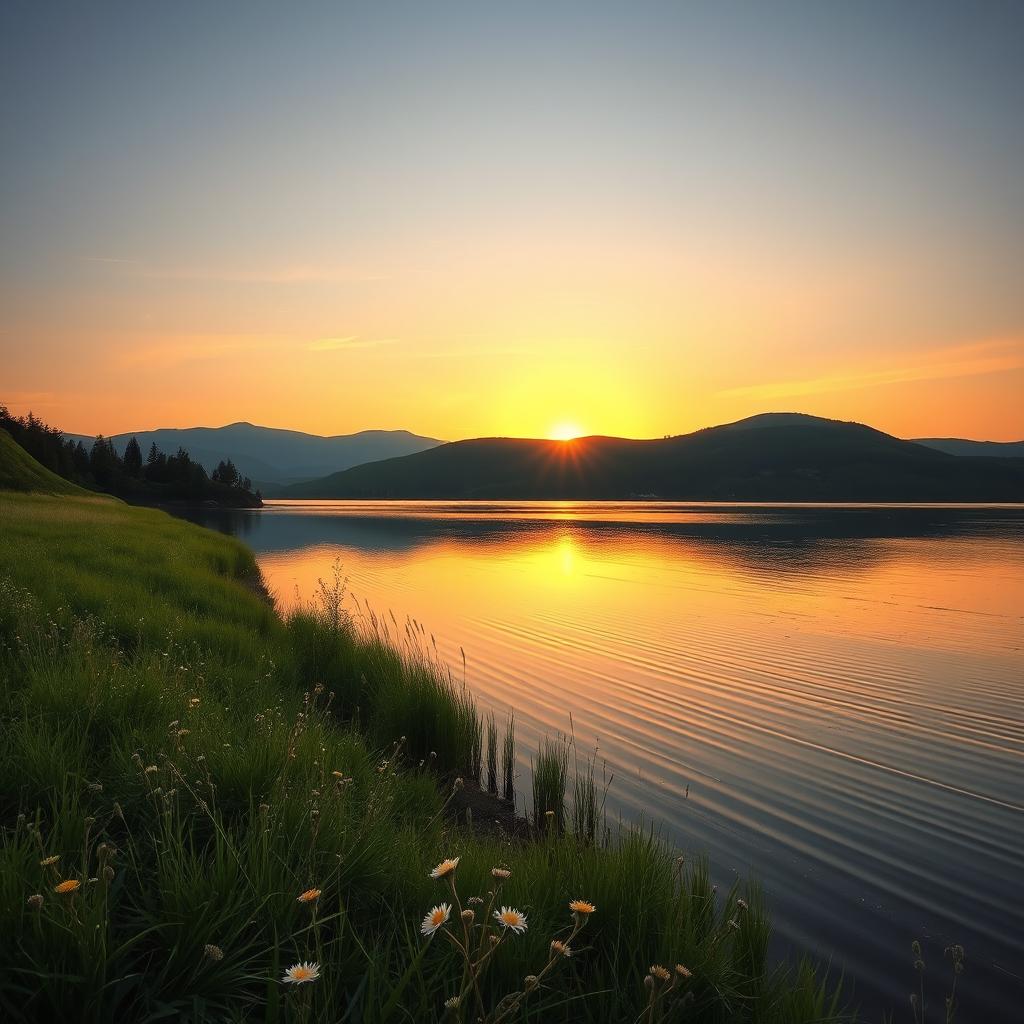 Aesthetic photo of a serene landscape featuring a tranquil lake surrounded by lush greenery and soft, rolling hills