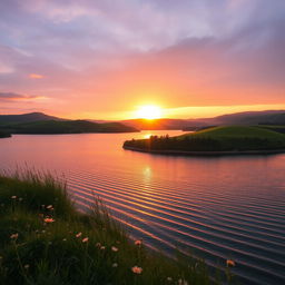 Aesthetic photo of a serene landscape featuring a tranquil lake surrounded by lush greenery and soft, rolling hills