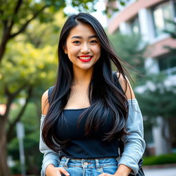 A captivating and attractive Chinese university student with large, round breasts, exuding a playful and flirty charm