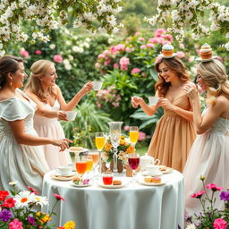 A whimsical yet elegant tea party scene in a beautifully decorated garden