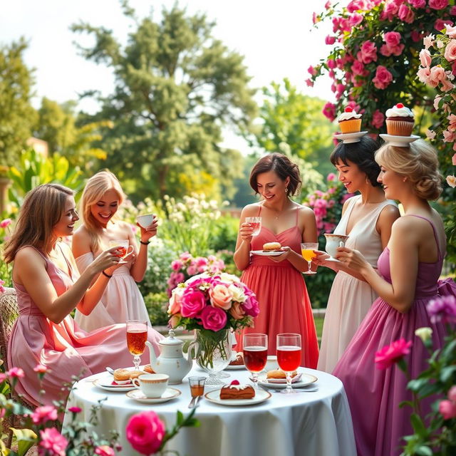 A whimsical yet elegant tea party scene in a beautifully decorated garden