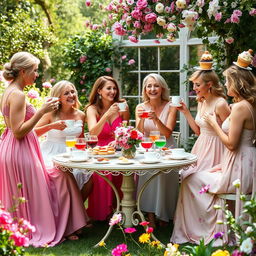 A whimsical yet elegant tea party scene in a beautifully decorated garden