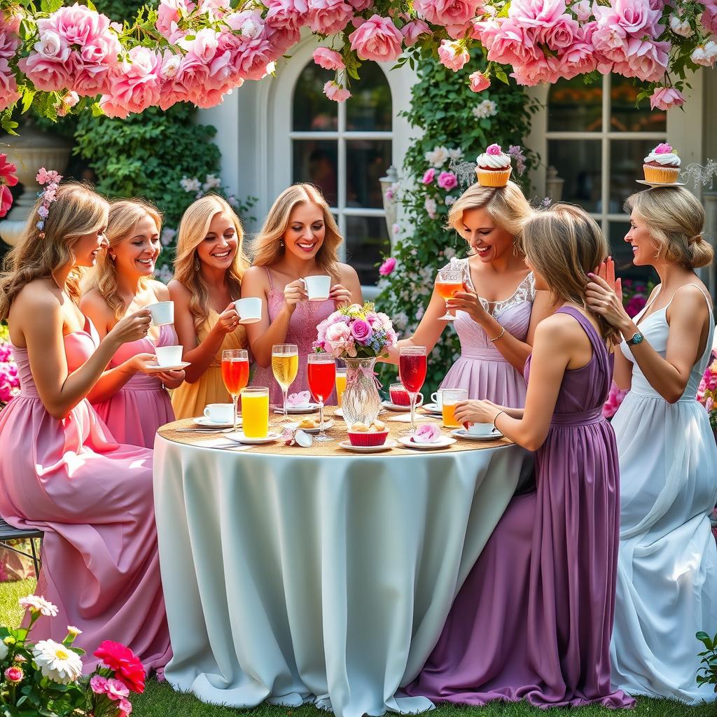 A whimsical yet elegant tea party scene in a beautifully decorated garden